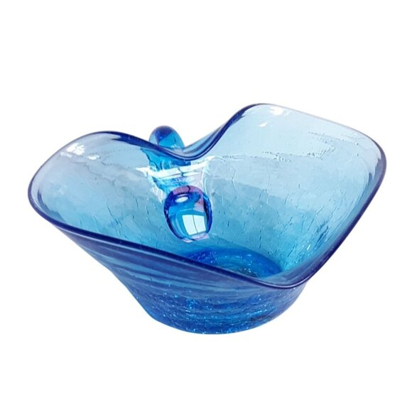 Blue Crackled Glass Heart-Shaped Bowl with Handle Nappy Candy - Picture 2 of 7
